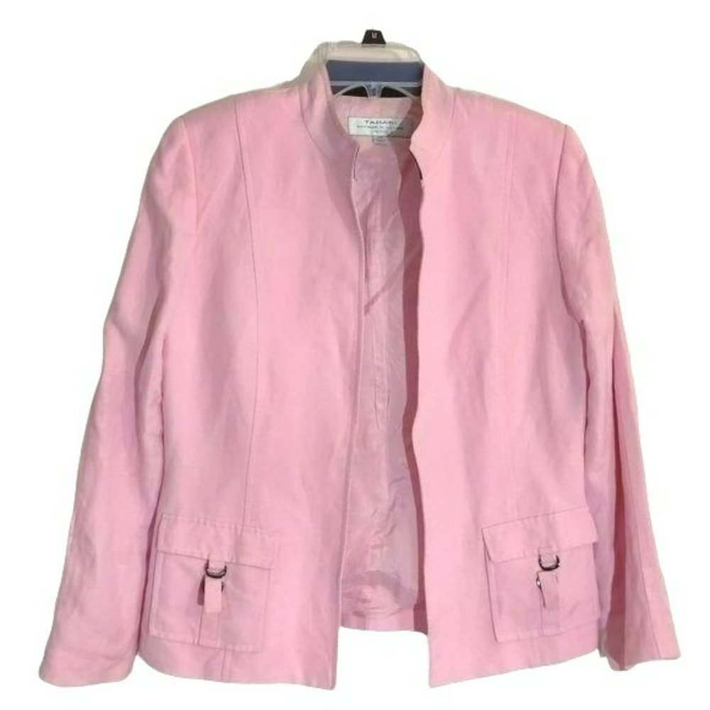 Tahari ASL Linen / Cotton Pale Pink Mock Collar Blazer Women's 10 Petite EUC